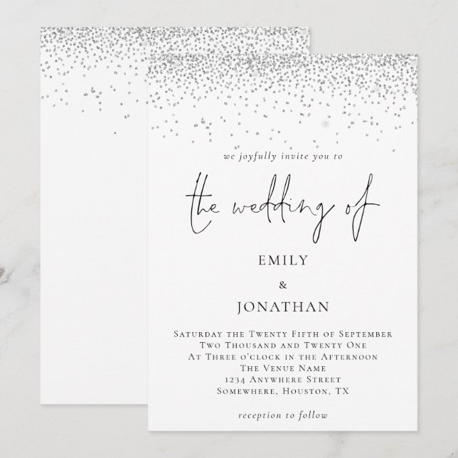 Invitation Élégant script Parties scintillant argent Mariage  (Devant / Derrière)