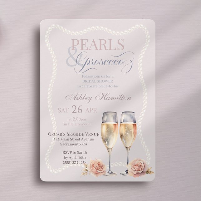 Invitation Elégant script Perles & Prosecco Douche nuptiale (Créateur téléchargé)