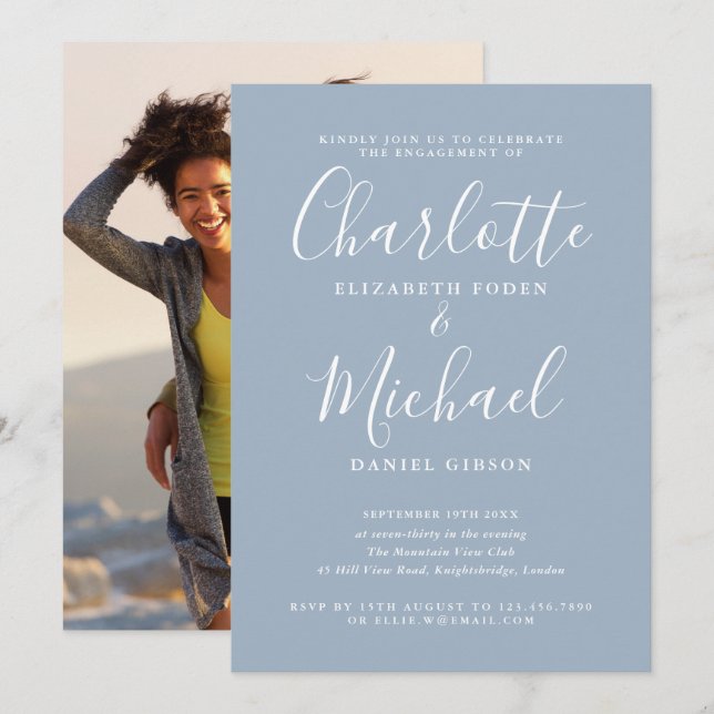 Invitation Élégant script photo de la partie d'engagement (Devant / Derrière)