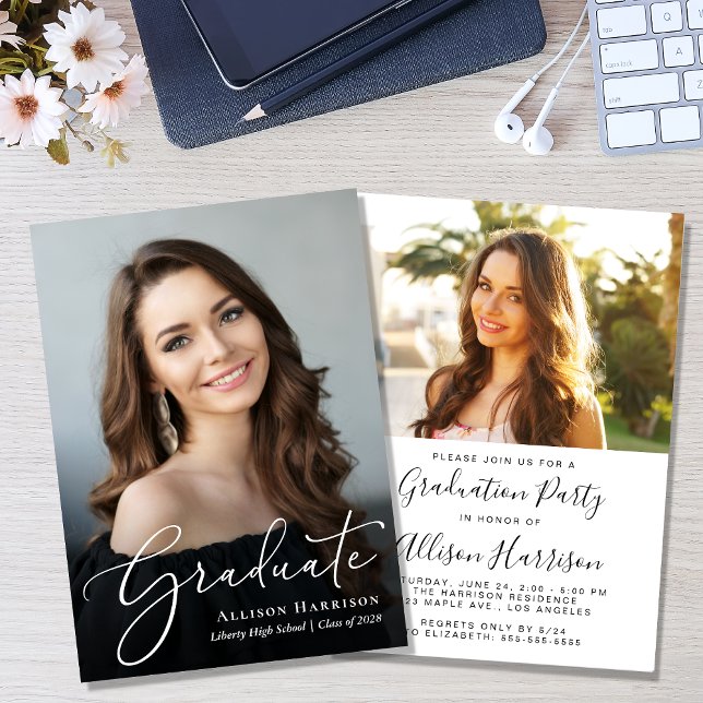 Invitation Élégant Script Photo Graduation Party (A personalized photo graduation party invitation to celebrate the graduate's achievements)