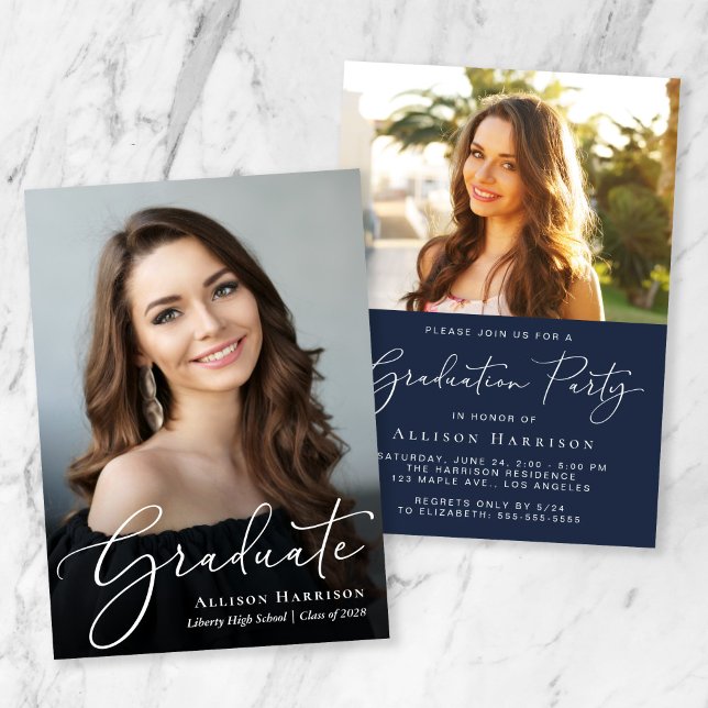 Invitation Élégant Script Photo Overlay Blue Graduation Party (An elegant photo graduation announcement to celebrate the graduate's achievements)