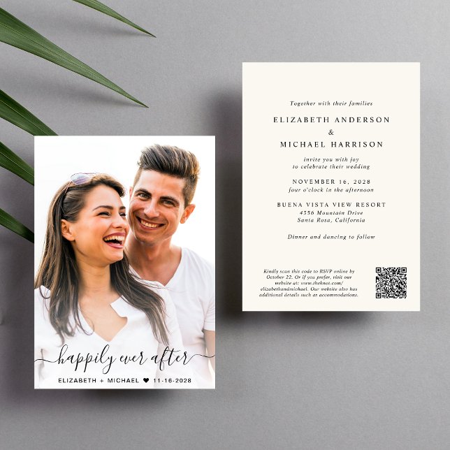 Invitation Élégant script photo QR Code Cream Mariage (Elegant all-in-one wedding invite featuring your photo + a QR code linked to your wedding website)