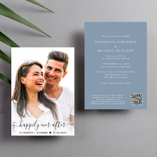 Invitation Élégant Script Photo QR Code Dusty Blue Mariage