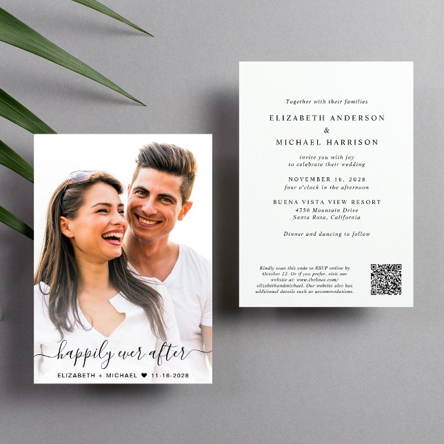 Invitation Élégant script photo QR Code Mariage (Elegant all-in-one wedding invite featuring your photo + a QR code linked to your wedding website)