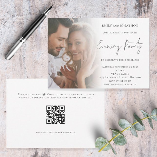 Invitation Élégant Script Photo QR Code Mariage Soirée (Front and back view. Available digitally or printed. Part of a large matching wedding suite)