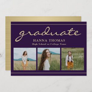 Invitation Élégant Script Purple Gold Trois Photo Graduation