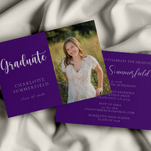 Invitation Élégant Script Purple White Photo Graduation