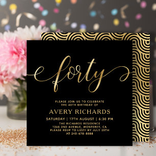 Invitation Élégant Script Quarty Gold Noir 40e anniversaire