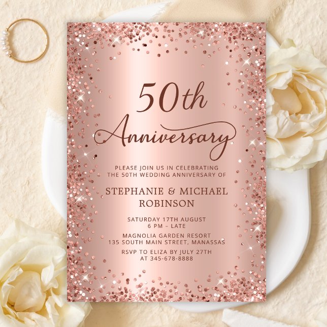 Invitation Élégant Script Rose Gold 50e anniversaire Mariage (Créateur téléchargé)
