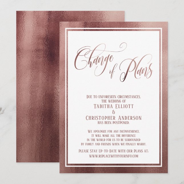 Invitation Elégant Script Rose Gold Postpond Mariage Card (Devant / Derrière)