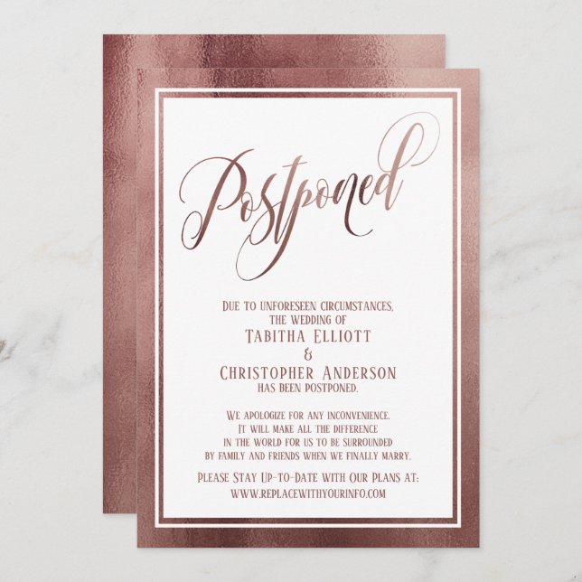 Invitation Elégant Script Rose Gold Postpond Mariage Card (Devant / Derrière)