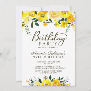 Invitation Élégant Script Rose jaune Floral 95e anniversaire