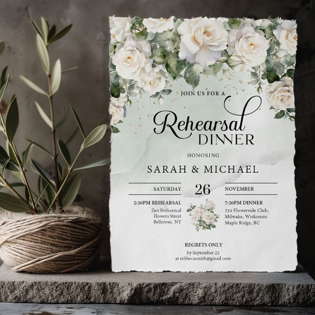Invitation Élégant script roses blanches et répétition d'or (Bohemian White Roses and Eucalyptus Greenery and gold wedding rehearsal dinner invitation)
