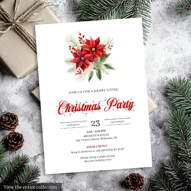 Invitation Élégant Script Rouge Poinsettia Noël  (Elegant Script Red White Poinsettia Christmas Invitation)