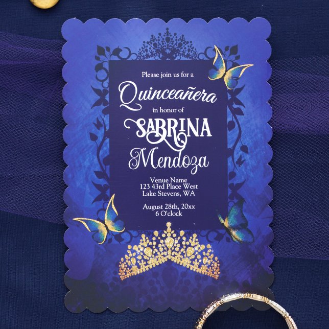 Invitation Élégant script, Royal Blue Quinceanera, Gold Tiara (Elegant Sapphire Royal Blue, Gold Quinceanera Invitation with Golden Tiara Crown)