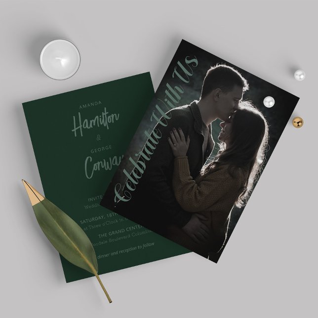 Invitation Élégant Script Rustic Green Photo Mariage (Créateur téléchargé)