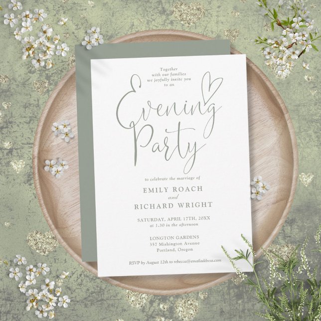 Invitation Élégant Script Sage Green Mariage soirée de soirée (Elegant Script Sage Green Wedding Evening Party Invitation)