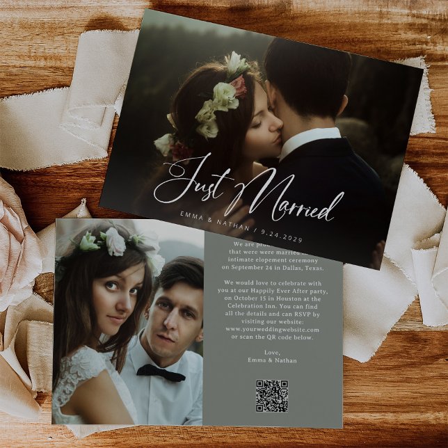 Invitation Elegant Script Sage Green | QR Code Just Married (Créateur téléchargé)