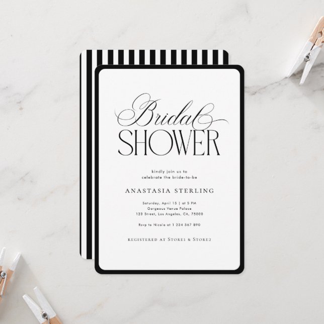 Invitation Elegant Script Stripes Black & White Bridal Shower (Devant/Arrière en situation)