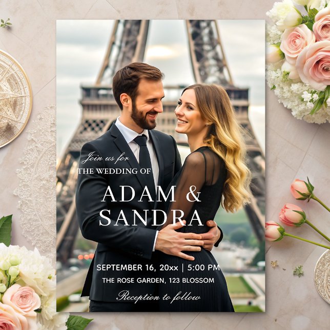 Invitation Élégant script superposition Mariage noir blanc mo (Créateur téléchargé)