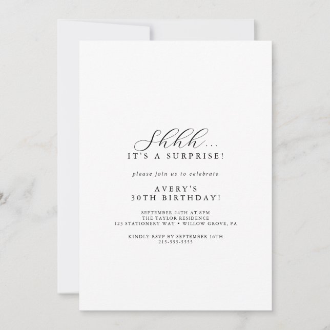 Invitation Élégant Script Surprise Party (Devant)