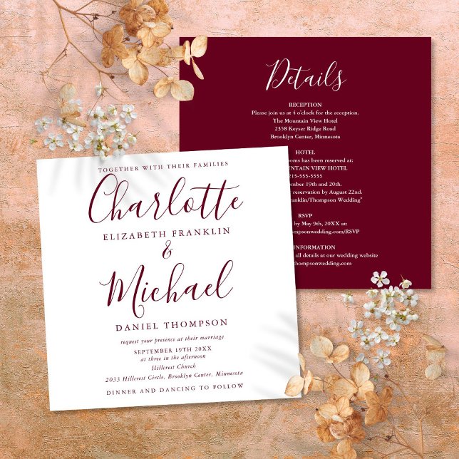 Invitation Élégant Script Tout En Un Mariage Bordeaux (Elegant Script All In One Burgundy Wedding Invitation)