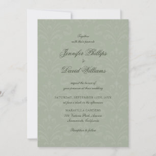 Invitation Élégant Script Vintage Sage Green Mariage damassé