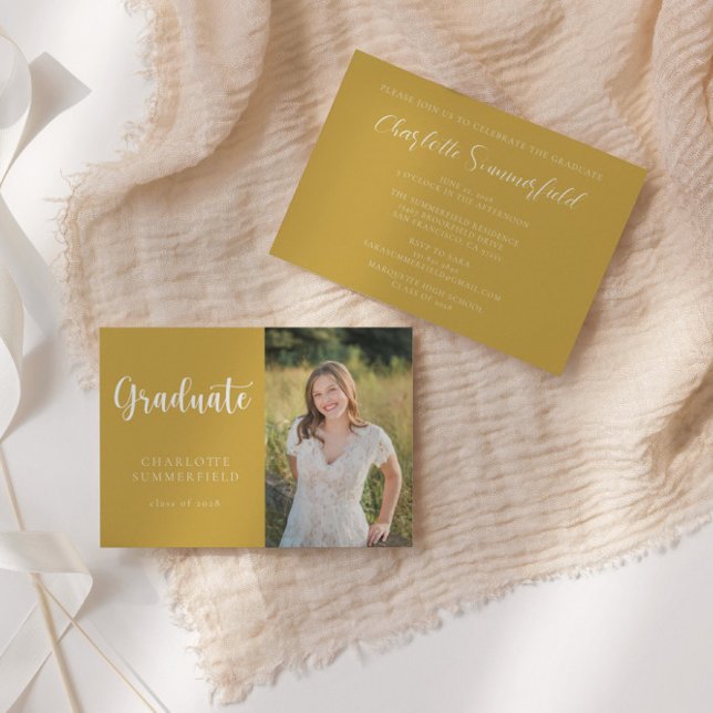 Invitation Élégant Script Yellow Gold Photo Graduation (Créateur téléchargé)