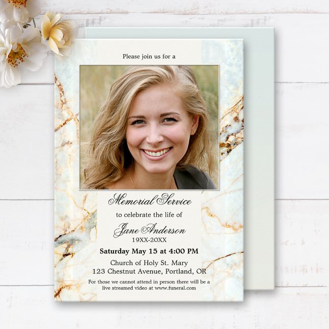 Invitation Élégant service commémoratif de marbre photo (Elegant memorial or funeral service invitation featuring your custom photo framed by a marble design)