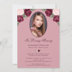 Invitation Élégant service de mémorial de photos rose rouge