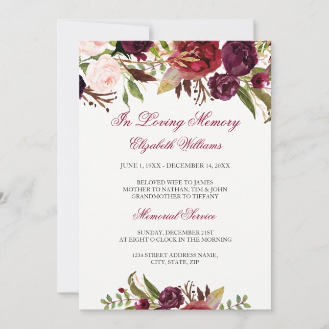 Invitation Élégant Service funèbre floral rouge Bourgogne (Devant)
