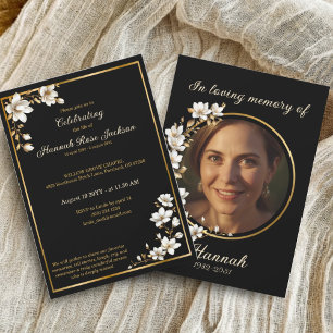 Invitation Élégant Service Funéraire Magnolia Or Noir Blanc