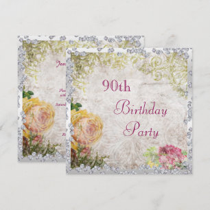 Invitation Élégant Shabby Chic Roses & Diamants 90e Anniversa