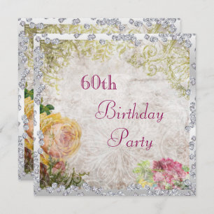 Invitation Elégant Shabby Chic Roses & Diamonds 60e anniversa