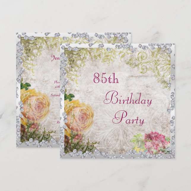 Invitation Elégant Shabby Chic Roses & Diamonds 85e anniversa (Devant / Derrière)