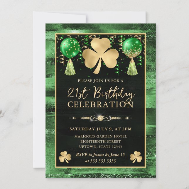 Invitation Elégant Shamrock Vert et Or 21e anniversaire (Devant)