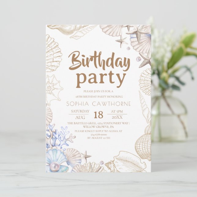 Invitation Elegant Shells Ocean Birthday Party (Debout devant)