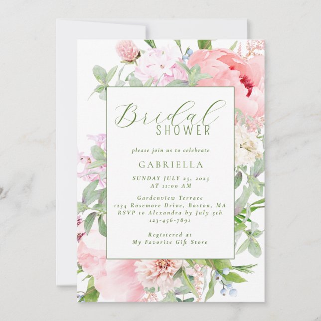 Invitation Élégant Shower de Mariage Floral Aquarelle Rose (Devant)