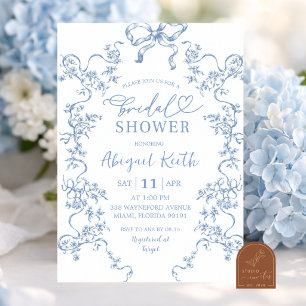 Invitation Élégant shower de mariage floral bleu toile frança