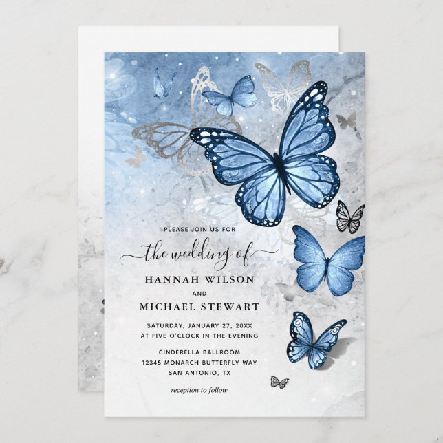 Invitation Elegant Silver Baby Blue Butterfly Wedding (Devant / Derrière)