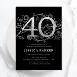 Invitation Elégant Silver Black 40e anniversaire<br><div class="desc">Élégante invitation de fête de 40e anniversaire en argent noir. Design féminin moderne et personnalisable avec des accents botaniques rose et de la fausse parties scintillant argent. Carte invitation florale simple parfaite pour une célébration anniversaire élégante. Personnalisez avec vos propres détails. Invitations Zazzle imprimées ou téléchargement instantané modèle imprimable numérique....</div>