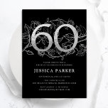 Invitation Elégant Silver Black 60e anniversaire<br><div class="desc">Élégante invitation de fête de 60e anniversaire en argent noir. Design féminin moderne et personnalisable avec des accents botaniques rose et de la fausse parties scintillant argent. Carte invitation florale simple parfaite pour une célébration anniversaire élégante. Personnalisez avec vos propres détails. Invitations Zazzle imprimées ou téléchargement instantané modèle imprimable numérique....</div>