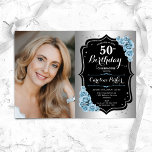 Invitation Elégant Silver Black Blue Photo 50e anniversaire<br><div class="desc">Elégante invitation au 50e anniversaire fleurie féminine avec votre photo. Design de glam avec faux argent. Comprend des roses bleu pâle, des caractères de script et des confettis. Parfait pour une fête anniversaire adulte élégante. Personnalisez avec vos propres détails. Peut être customisé pour n'importe quel âge ! Invitations Zazzle imprimées...</div>