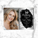 Invitation Elégant Silver Black Photo 50e anniversaire<br><div class="desc">Elégante invitation au 50e anniversaire fleurie féminine avec votre photo. Design de glam avec faux argent. Comprend des roses blanches, des caractères de script et des confettis. Parfait pour une fête anniversaire adulte élégante. Personnalisez avec vos propres détails. Peut être customisé pour n'importe quel âge ! Invitations Zazzle imprimées ou...</div>