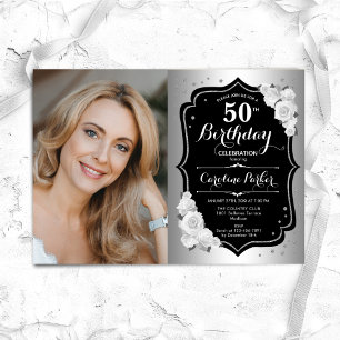 Invitation Elégant Silver Black Photo 50e anniversaire