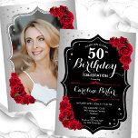 Invitation Elégant Silver Black Red Photo 50e anniversaire<br><div class="desc">Elégante invitation à 50e anniversaire fleurie avec votre photo au verso de la carte. Design de glam avec faux argent. Comprend des roses rouges, des caractères de script et des confettis. Parfait pour une fête anniversaire adulte élégante. Personnalisez avec vos propres détails. Peut être customisé pour n'importe quel âge !...</div>