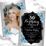 Invitation Elégant Silver Blue Black Photo 50e anniversaire<br><div class="desc">Elégante invitation à 50e anniversaire fleurie avec votre photo au verso de la carte. Design de glam avec faux argent. Comprend des roses bleu pâle, des caractères de script et des confettis. Parfait pour une fête anniversaire adulte élégante. Personnalisez avec vos propres détails. Peut être customisé pour n'importe quel âge...</div>