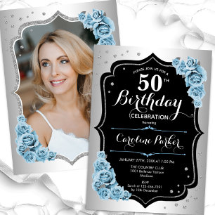 Invitation Elégant Silver Blue Black Photo 50e anniversaire