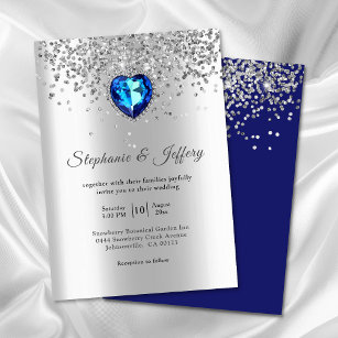 Invitation Elégant Silver Blue Heart Diamond Parties scintill