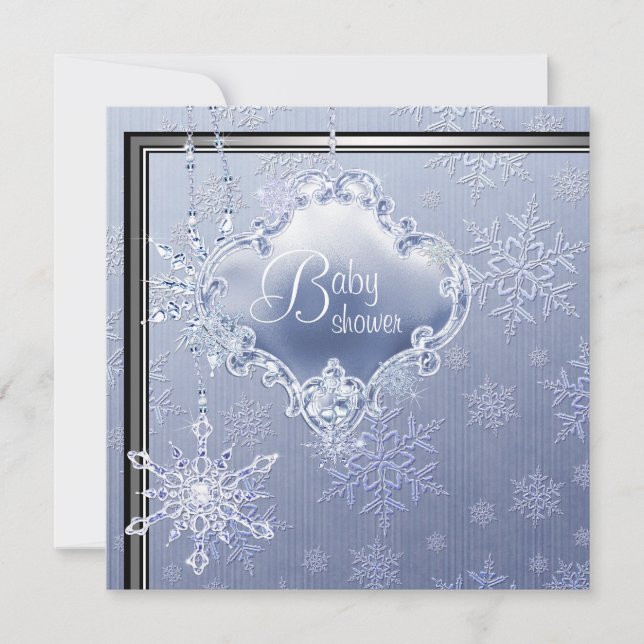 Invitation Elégant Silver Blue Snowflake Baby Boy Douche (Devant)